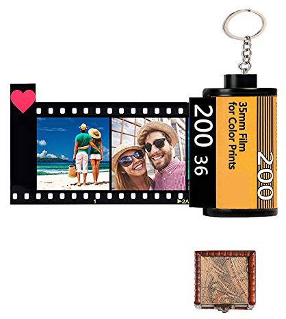 Jinlinjew Portachiavi personalizzati con immagine colorata - Portachiavi con rotolo di pellicola per fotocamera Personalizzato 10 foto + Album per foto con testo con confezione regalo in legno