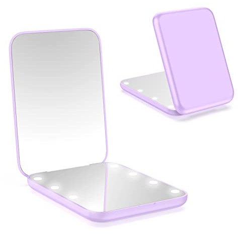 WOBSION Specchio Portatile con Luce LED per Viaggio,Pieghevole Specchietto da Borsetta di 1x/3x Ingranditore,Piccolo Mirror per Trucco con Interruttore Magnetico,a Regalo,Viola