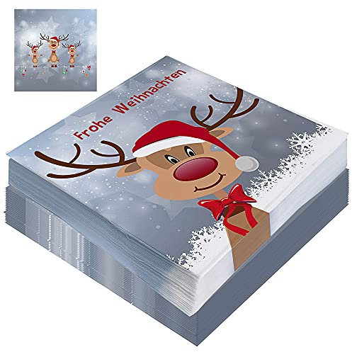 Servietten 60er Set │ Rentiermotiv Weihnachten │ 3lagige Papierserviette 33x33cm │stoffähnlich Tuch Partyzubehör (60er Set Serviette Rentier)