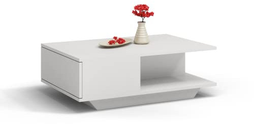 ADGO Denver Couchtisch 90x60x42cm Modern Rechteckig Kleiner Niedriger Beistelltisch für Wohnzimmer, Tisch mit Aufbewahrung, Geometrische Kaffeetisch Sofatisch Wohnzimmertisch (Weiß)