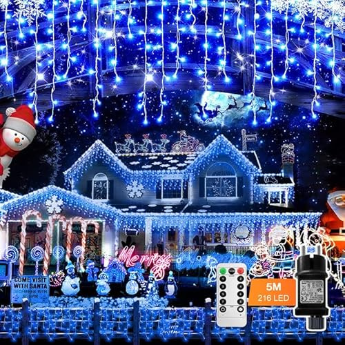 Auniq LED Cadena de luces de carámbano Exterior con mando a distancia, 5M 216LED Navidad Cortina Luces 8 Modos Guirnaldas Carámbano Luces con cable de 5 m Decoración Exterior Jardín Fiesta de Navidad