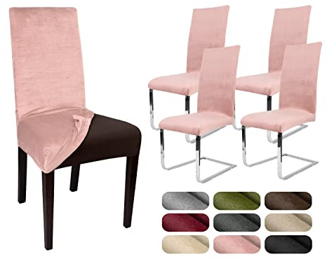 BEAUTEX Stuhlhussen Samt Stretch Stuhl & Schwingstuhl 4er Set Altrosa LEA | 95% Polyester, 5% Elasthan, weiche Velours-Oberfläche, Rundum-Gummizug, 30 °C waschbar, faltenarm, formstabil & langlebig