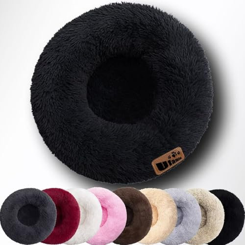 Ufamiluk hundebett katzenbett katzenkissen flauschig katzenkorb zum schlafen Katzenkörbchen waschbar kuschelbett Katzen kuschelbett rund Donut für Grosse mittelgroße kleine Hunde Katzen Ø50cm Schwarz