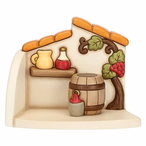 THUN - Bottega del Vino in Ceramica Decorata a Mano, Linea Presepe Classico, Decorazioni Natale Casa, Bottega 16x10x13 cm h; Botte 4.3x4.3x4.5 cm h