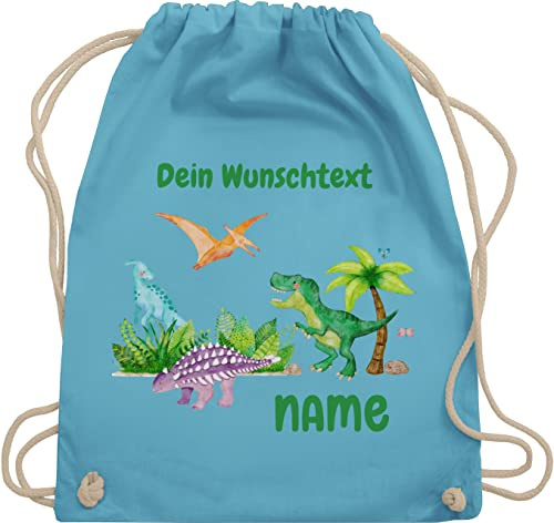 Turnbeutel Rucksack - Tiere - Dino Dinos Dinosaurier - Unisize - Hellblau - dinosaurier-rucksack personalisierte kindergarten beutel tier trex stoffbeutel kinder wäschebeutel kita tieren name