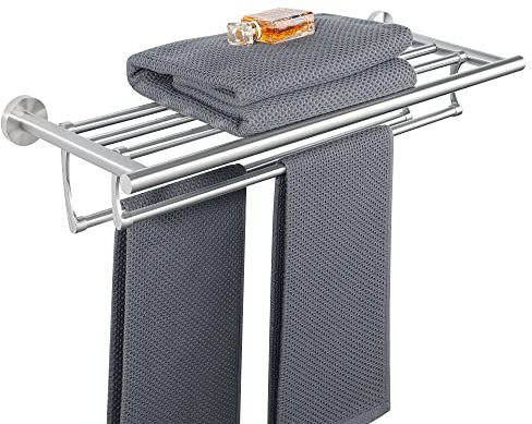 SAYAYO Toalleros de Baño Toallero Doble Barra de Toalla Cepillado Pared Estante de Almacenamiento, Acero Inoxidable Colgador Trapos Cocina con Varillas Plegables 60CM, EGDL2208-60-LS