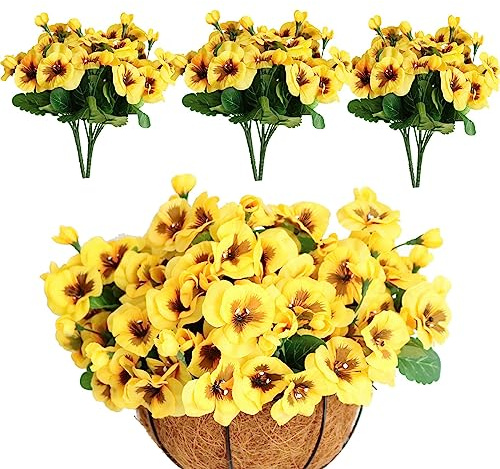 Elyjhyy 6 Stück künstliche Stiefmütterchen-Büsche, künstliche Kunststoffblumen, für drinnen und draußen, Haus, Garten, Dekoration (Gelb2)