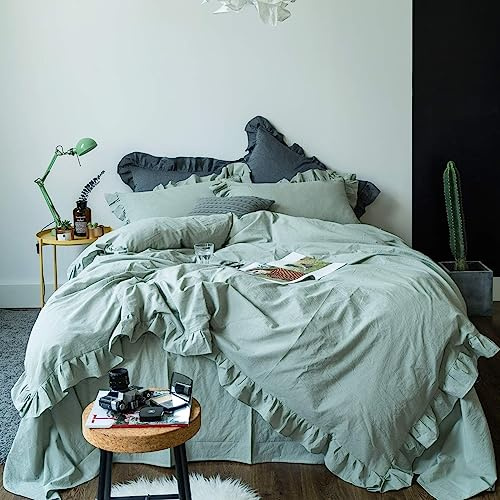 Lanqinglv Bettwäsche 200x220cm Salbeigrün Grün mit Rüschen,aus 100% Weiche Microfaser Doppelbett - Romantisch Bettbezug 200x220cm + 2 Kissenbezug 80x80cm,mit Reißverschluss