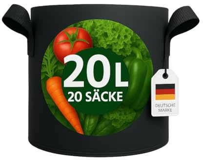 König Design 20x 20L Pflanzsack aus Vlies Stoff - 20er Set 20L Pflanztaschen aus 300 g/m² Filz & Vliesstoff - Pflanzgefäß Pflanzbeutel für Balkon Terrasse Gewächshaus & Garten