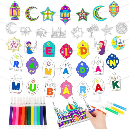 HOWAF Ramadan-Mubarak-Banner zum Ausmalen von Eid Mubarak, Banner zum Basteln, Ramadan-Dekorationen, Eid Mubarak-Dekorationen, 5 Stück