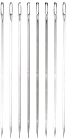 QUARKZMAN 8Pcs Aguja de Tapicería de Ojo Grande Extra Largo de 6 Pulgadas Aguja de Coser Recta Fácil de Enhebrar Acero Inoxidable para Muebles de Cuero