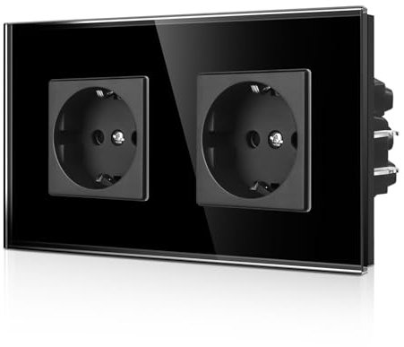CNBINGO Doppelsteckdose Unterputz mit Steckklemme - Zweifach Schuko Steckdose mit Kindersicherung - 16 Amp Schutzkontakt Wandsteckdose mit Glasrahmen - Schwarz