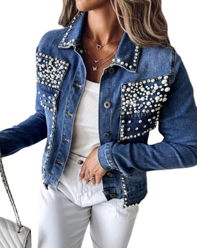 LifeShe Chaqueta vaquera con perlas para mujer, con diamantes de imitación, Azul, Large