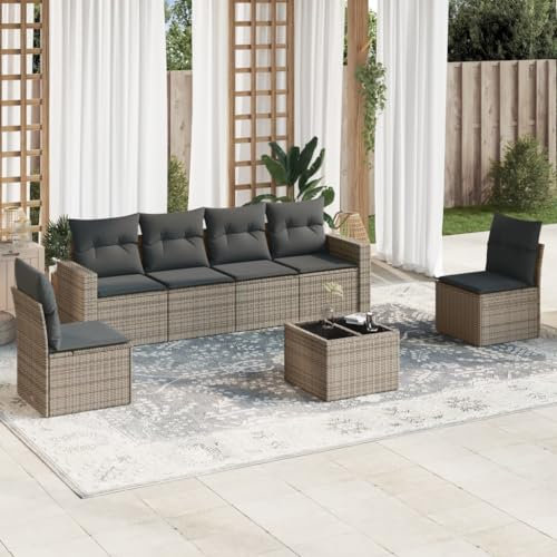 Willood 7tlg.Garten Rattan Sofa-Set mit Kissen Grau Poly RattanGrau+Dunkelgrau