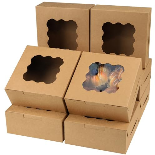 AWCIGG 20 Stück Gebäckkarton mit Sichtfenster 6x6x2,5 Zoll Tortenschachtel Kraftpapier Box Quadratische Braune Geschenkbox für Cookies Cupcakes Macarons Kuchen Weihnachtsfeier
