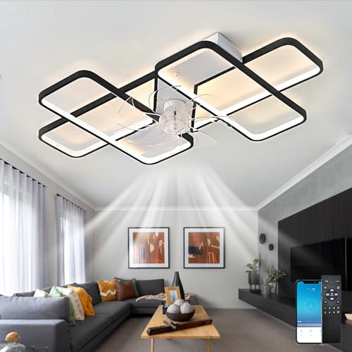 Fachae 70W Led Lampadario Con Pale Modalità Inverno-Estate Lampada Ventilatore Da Soffitto Timer Di Silenziamento Plafoniera Con Ventilatore Da Soffitto Nero Design Moderno
