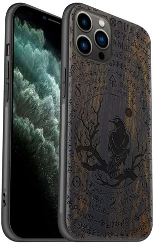 Carveit Coque en Bois pour iPhone 11 Pro Étui Protection Artistique Cover TPU Souple de téléphone Antichoc Compatible avec Apple 11 Pro Etui (Bois Sombre-Percher Le Corbeau)
