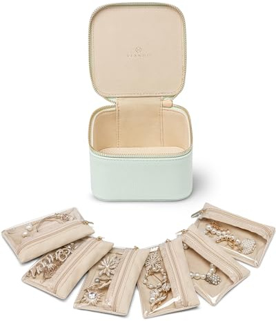 Vlando Joyero, organizador de joyas con patrón de lichi, almacenamiento de joyas de viaje con 6 bolsillos de terciopelo con cremallera, estuche de joyería de alta calidad, color verde claro