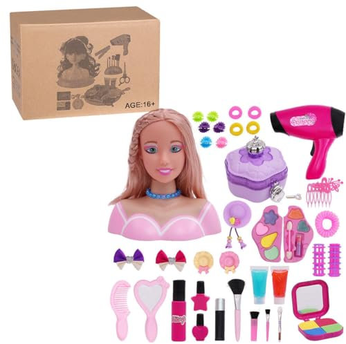 NULA Schminkkopf Frisierkopf für Mädchen Kinder, 40 Teile Styling Head Set Frisierpuppe mit Haartrockner Kosmetik Zubehör, Make Up Spielset Weihnachten Geburtstag Geschenke