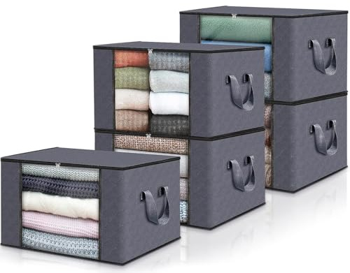 edihome, Cajas Almacenaje Ropa, Bolsas para Guardar Ropa, Organizador Armario, con Asas Reforzadas, Cajas Organizadoras, Fundas de Tela Resistente (Gris oscuro, Pack de 5)