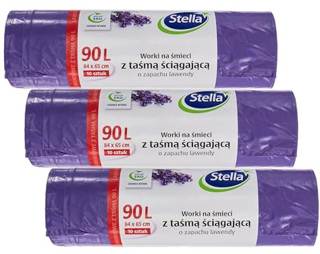 Stella 009916 Müllbeutel mit Zugband 90 L | 10 Stück | Lavendelduft | Müllsack Mülltüte Abfallsäcke für Den Hausmüll Büro aus LDPE-Folie Hergestellt/aus Regranulat Farbe: Lavendel/Violette