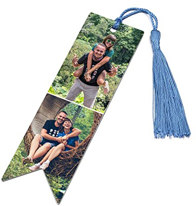 GEHECRST Personalisiert Lesezeichen mit Foto Gravur Metall Bookmark Blau Quasten Buchzeichen Handgefertigt Buch Zubehör Personalisiert Geschenk für Lehrer Schüler Leser Damen Herren