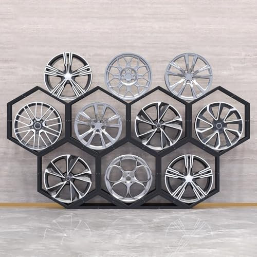 Däckställ Bilfälg Displayställ Svart, Förvaringsorganisator för Kraftig Däckfälg, Hexagon Stålhylla Garagedäckstativ, Utställningshållare för Däckfälgar(7+2)