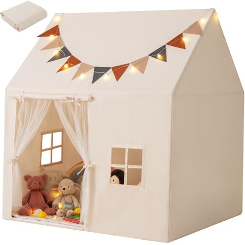 GYMAX Large Kids Tent, Play Tent with Padded Mat, Globe String Lights, Flags & Windows, Outdoor Indoor Children Playhouse for 3-14 Years Old Boys Girls, 122x107x139cm