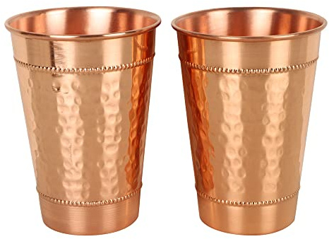 JYPR Hammered Pure Copper Water Drinking Glasses Set of 2 Large 13 Oz Drinking Cups Copper Ayurvedic Health Benefits Tumblers Beautiful Handcrafted Design Cup Best Gift