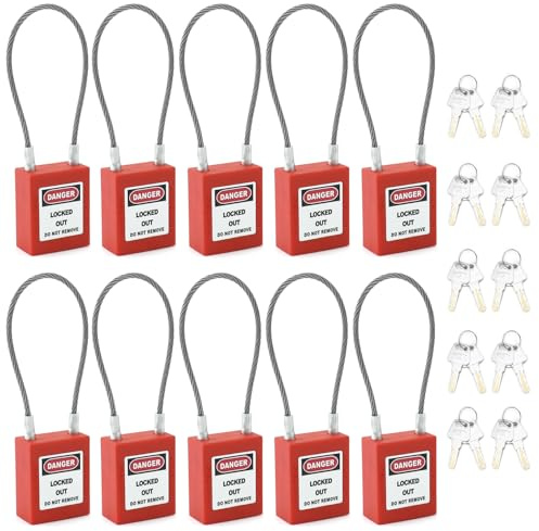 QWORK Lockout Tagout Stahl-Kabelschlösser, 10 Stück, kompaktes Kabel-Vorhängeschloss mit 20 Schlüsseln, rot schließend, verschiedene elektrische Verriegelungen