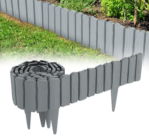 QEENTOE 2.4m Rasenkante Kunststoff Beetumrandung mit Holzoptik & 10 cm Erdspießen - Mähkante für Garten, Beeteinfassung Palisade im Holzdesign Grau