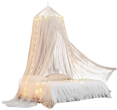 Kalastussaari Bed Canopy with Lights, Princess Bed Canopy for Girls, Extra Large Dome Foldable Mosquitos Net for Kids Boys Girls Room Decoration Single Door