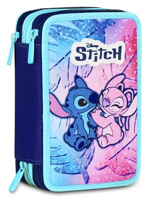 Seven Astuccio Lilo & Stitch Scuola 3 Zip, Celeste e Rosa, Portapenne Triplo Scomparto Completo Di Penne, Matite, Colori, Scuole Elementari, Bambina