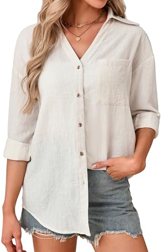 Enmain Womens Linen Shirts Long Sleeve Summer Casual V-Neck Shirts for Women UK Button Down Ladies Blouse Solid Colour Breathable Lightweight Cotton Linen Tops for Beach Vacation Work Office S-3XL