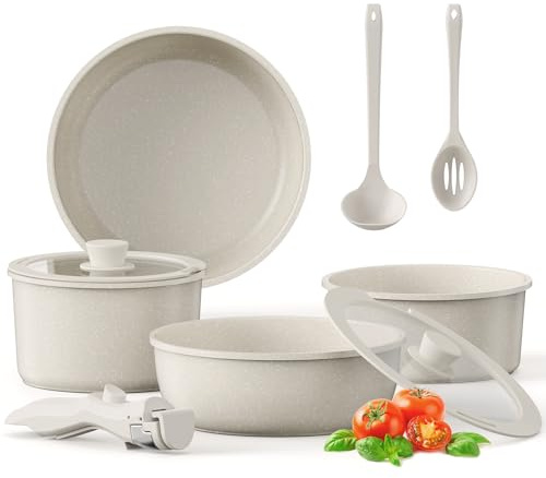 Pots and Pans Set with Detachable Handle, 9PCS Non Stick Induction Cookware Set, Granite Coating PFAS PFOA Free, Space Saving Stackable for Organized Kitchen & RV – White