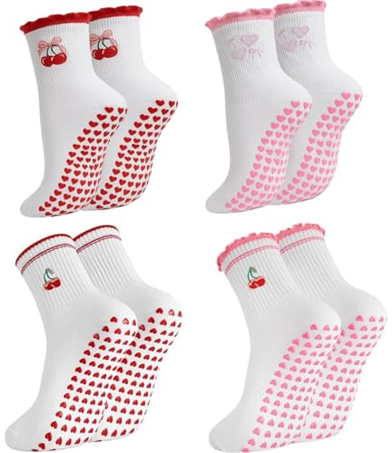 RIPETIC Pilates Grippy Socks, 4 Pack Women’s Yoga Barre Non-slip Sticky Socks for Ballet Dance Workout Sports Hospital Pregnant, Uk 3-6, Pink