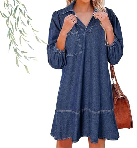 Women's V-Neck Puff 3/4 Sleeve Denim Layered Dress, Summer Collared V Neck Loose Shirt Jean Dress with Pockets