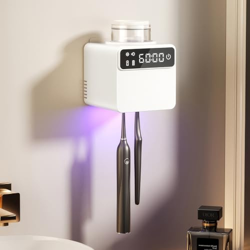 UV Toothbrush Sanitizer - Rechargeable Self-Adhesive Wall Mounted Dual Toothbrush Holder for Bathroom with LED Smart Screen and 1 Cup, Cleaning and Air Drying, for Home and Travel