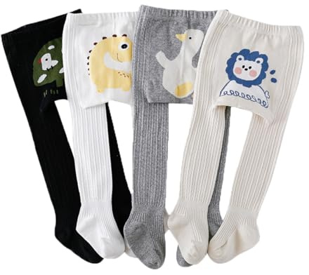 ACMEDE Collant per neonate in cotone con jacquard a rete 0-5 anni, set di 4 collant solidi lavorati a maglia per bambini con motivi animali, pantaloni per neonato, leggings con calze taglia 60-115 cm