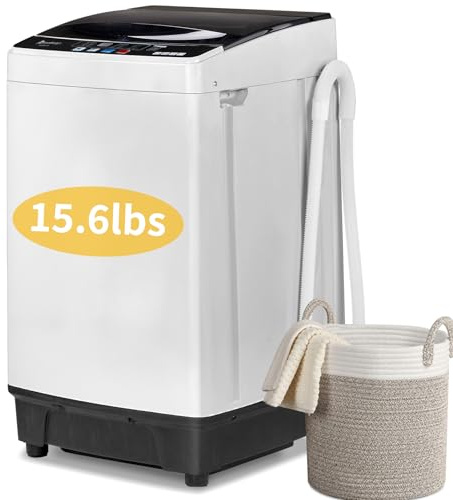 GODECOR 15.6lbs Full-Automatic Washing Machine, 1.3 Cu.Ft Portable Compact Washer and Spin Dryer Combo Built-in 10 Programs & 8 Levels, Stainless Steel Drum, Drain Pump for Apartments, RVs, Dorms