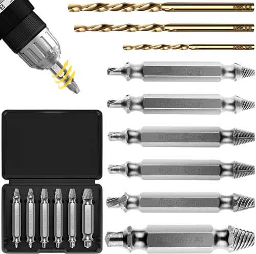 9 Pièces Extracteurs Vis Set avec 3 Forets, Kit Extracteur Vis Cassées HSS 6542, Outils Réparation Bricolage pour Percer & Enlever Les Vis Endommagées, Extracteurs Tourne Gauche Dureté HRC 63-65