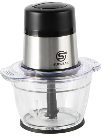 SUPERLEX Food Processor, 300W Electric Mini Chopper with 1L Glass Bowl | 2 Stainless Steel Blades, 2 Speed Settings, Compact Vegetable Chopper for Nuts Meat Fruits Baby Food, Easy to Clean