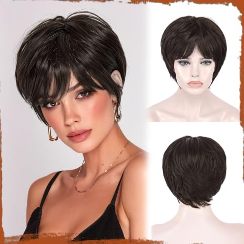 Sofeiyan Perücke Damen,23 cm Perücke Pixie Cut | Hitzebeständige Perücken mit Pony,Mehrschichtige Kunsthaarperücke für den Alltag und Partys,Braun