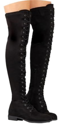 Glamidea Stivali Overknee Eleganti da Donna Invernali Monocolore a Tacco Basso con Lacci in Stile Gothic Punk Elasticizzati Fino Al Ginocchio Stivali Lunghi Piatti per il Tempo Libero