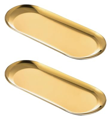 2 Piezas Bandeja de Plato Dorado 23x9cm - Bandeja Decorativa de Acero Inoxidable Ovalado, Plato Organizador de Cosméticos - Para Postres, Cosméticos, Frutas, Velas y Joyas