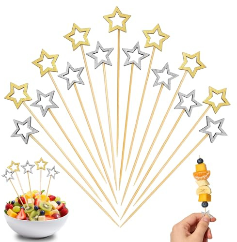 MENUY 100 pinchos de cóctel con forma de estrella, 14 cm, pinchos de madera para aperitivos, pinchos de Navidad, cócteles, color dorado y plateado, para barbacoa, frutas, cupcakes, cócteles