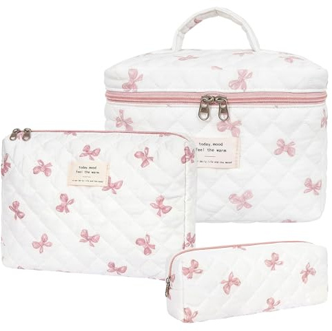 3er Set Kosmetiktasche, Kulturtasche Damen mit Schleifenmuster, Gesteppte Kulturtasche, Kulturbeutel Make Up Tasche, für Reisen & Alltag, Make Up Tasche Frauen Mädchen (Rosa A)