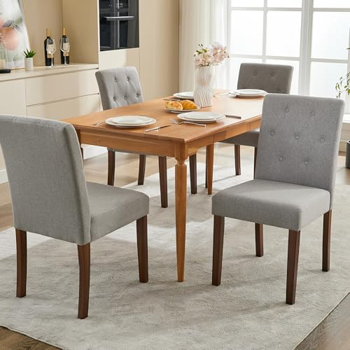 RBFGYIOP Esszimmerstühle 2er Set, Leinen Küchenstühle Mit Holzbeinen, Hohe Rückenlehne Knopfsteppung Polsterstuhl, Für Esszimmer Wohnzimmer Küche, Bis 136kg, Grau