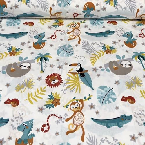 Tessuto Cotone Fantasia Bambini 100 cm x 240 cm Stoffa per Cucito, Tessuti al metro, Stoffa cotone al metro, Cotoni per cucire, Stoffe per bambini (Giungla)