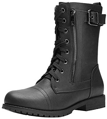 DREAM PAIRS Women's Mid Calf Built-in Wallet Pocket Lace up Military Combat Boots,Size 7,All Black,MISSION